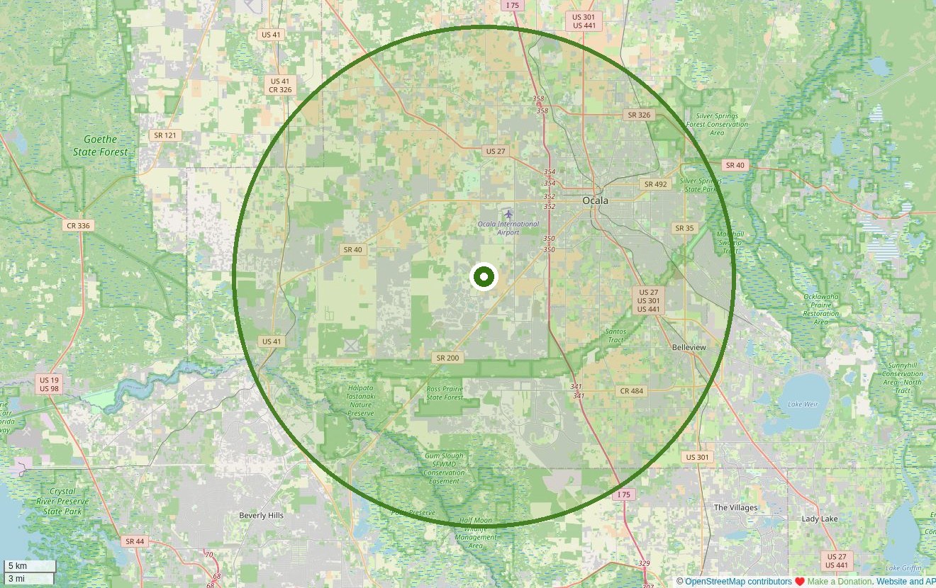 Map centered on Ocala, Florida showing an approximate service radius extending across Marion County, including Silver Springs, Belleview, and surrounding communities.