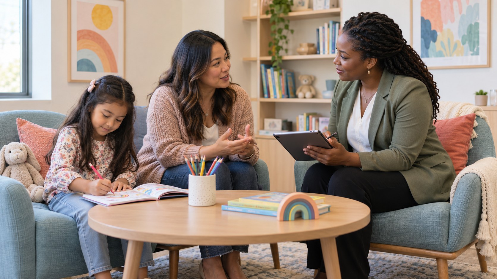 BCBA collaborating with a caregiver while a child participates in a play-based activity.