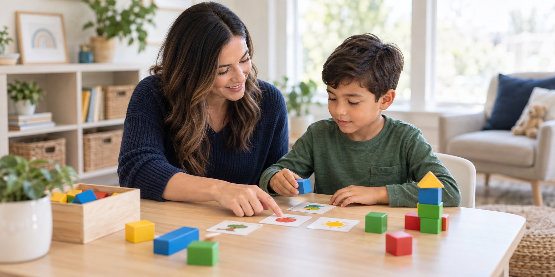 ABA therapist supporting a child during a play-based learning activity.