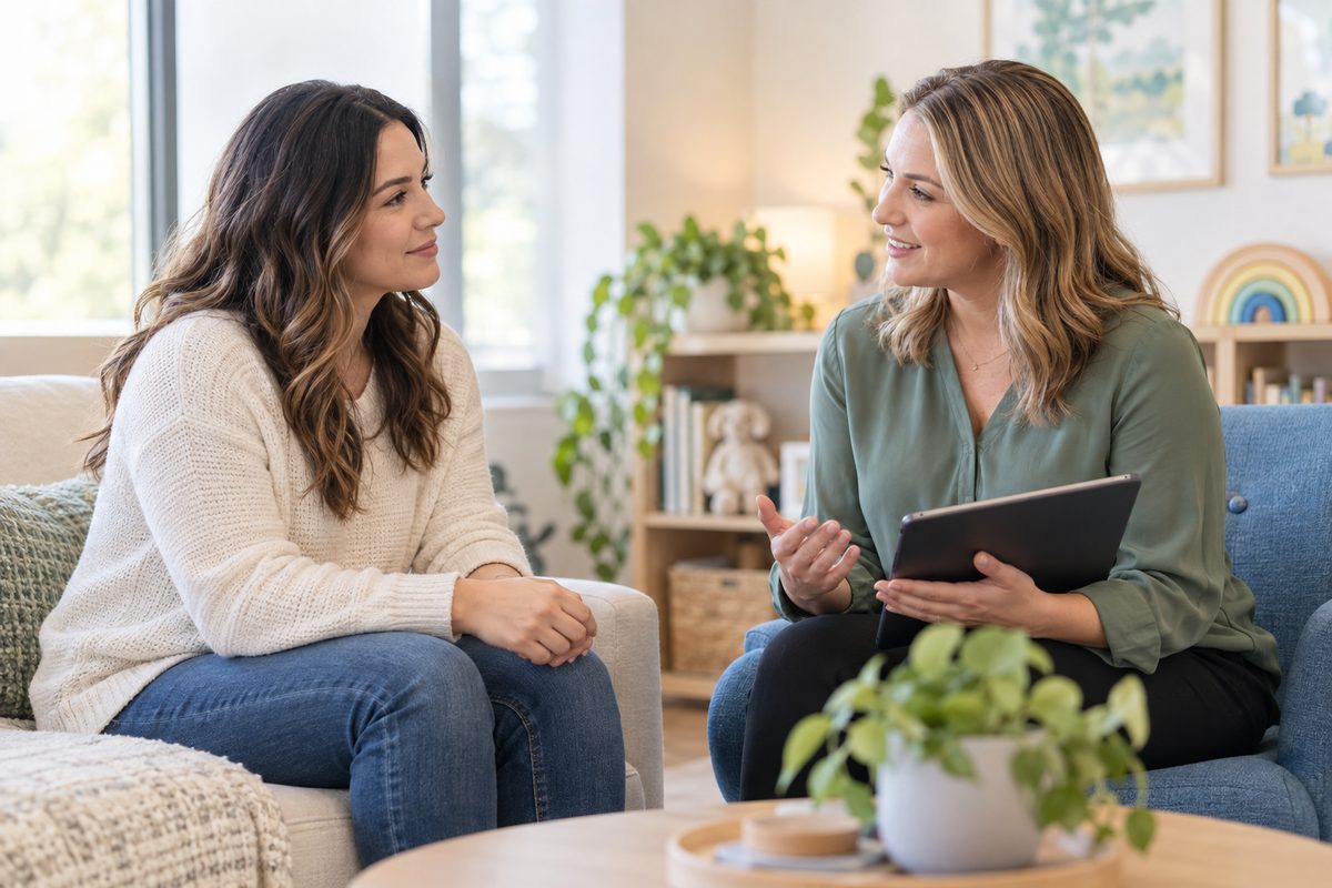A healthcare professional holding a tablet while speaking warmly with a caregiver in a comfortable living room setting.