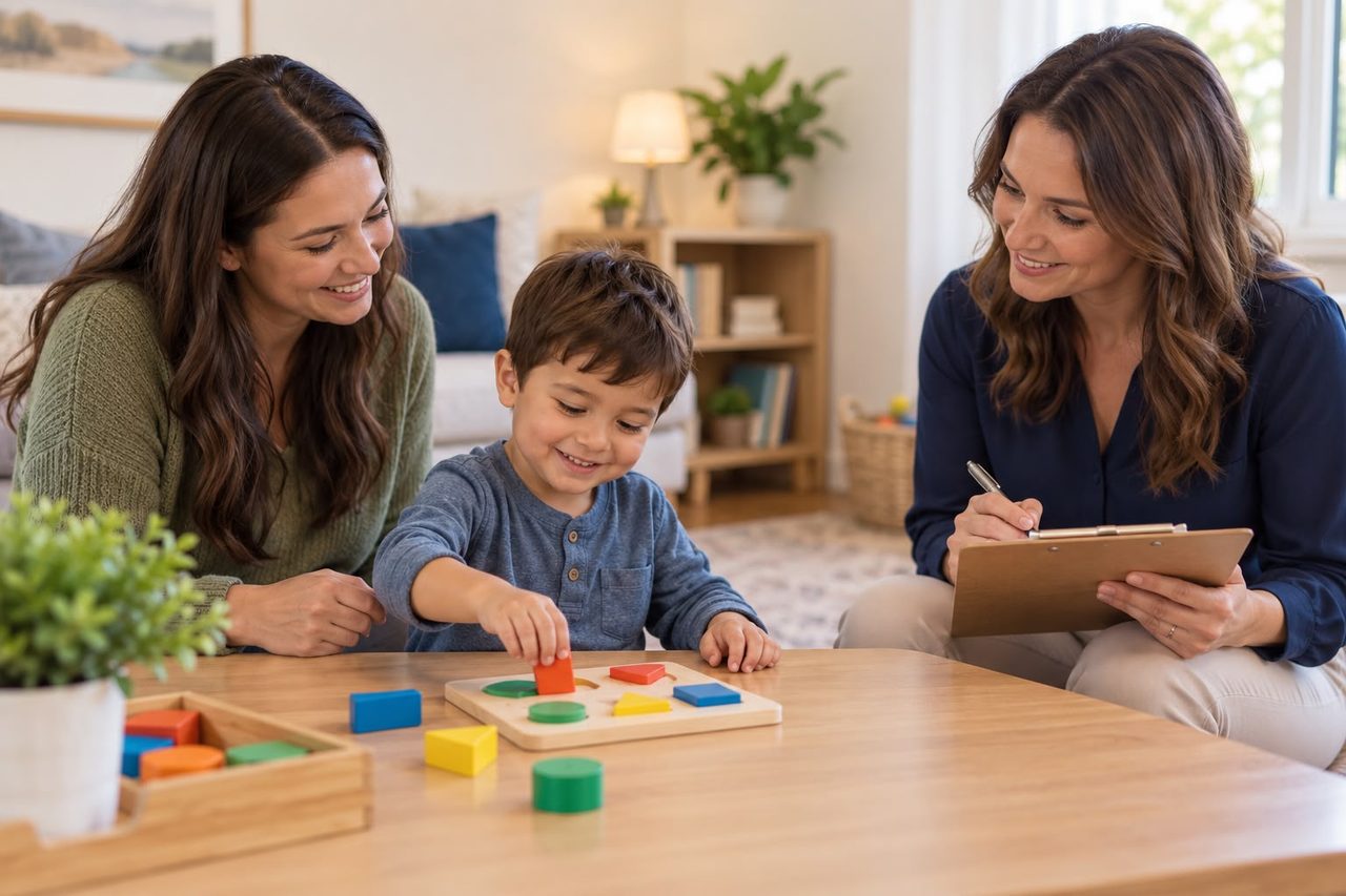 A behavior analyst observing a child during a play-based activity while collaborating with a caregiver.