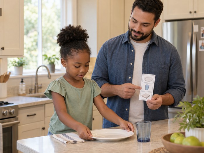 Behavior therapist supporting a child with an everyday routine at home.