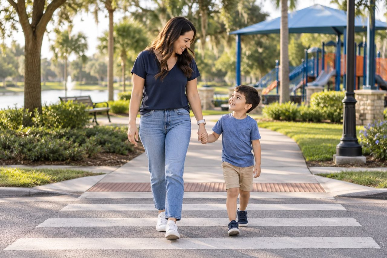 A child walking safely with a supportive adult in a community park.